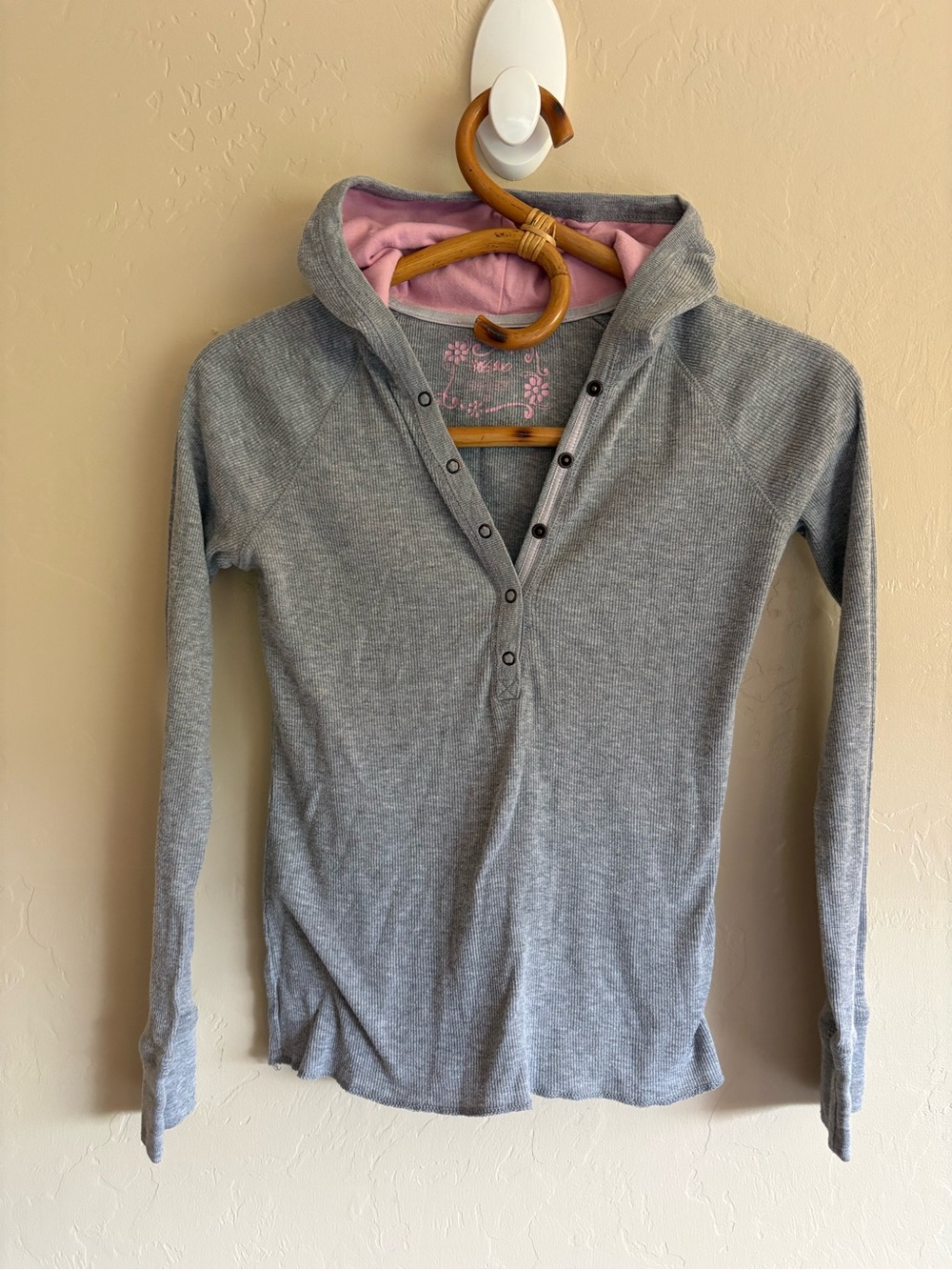 2000s Mossimo Henley Long Sleeve Grey Hooded Ribbed Shirt Size Large 100% Cotton